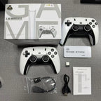 Gaming console with controllers and accessories on a gray surface