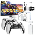 Gaming console with controllers, screen displaying game graphics, and accessories