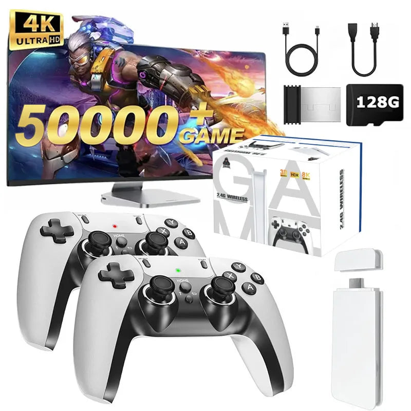Gaming console with controllers, screen displaying game graphics, and accessories